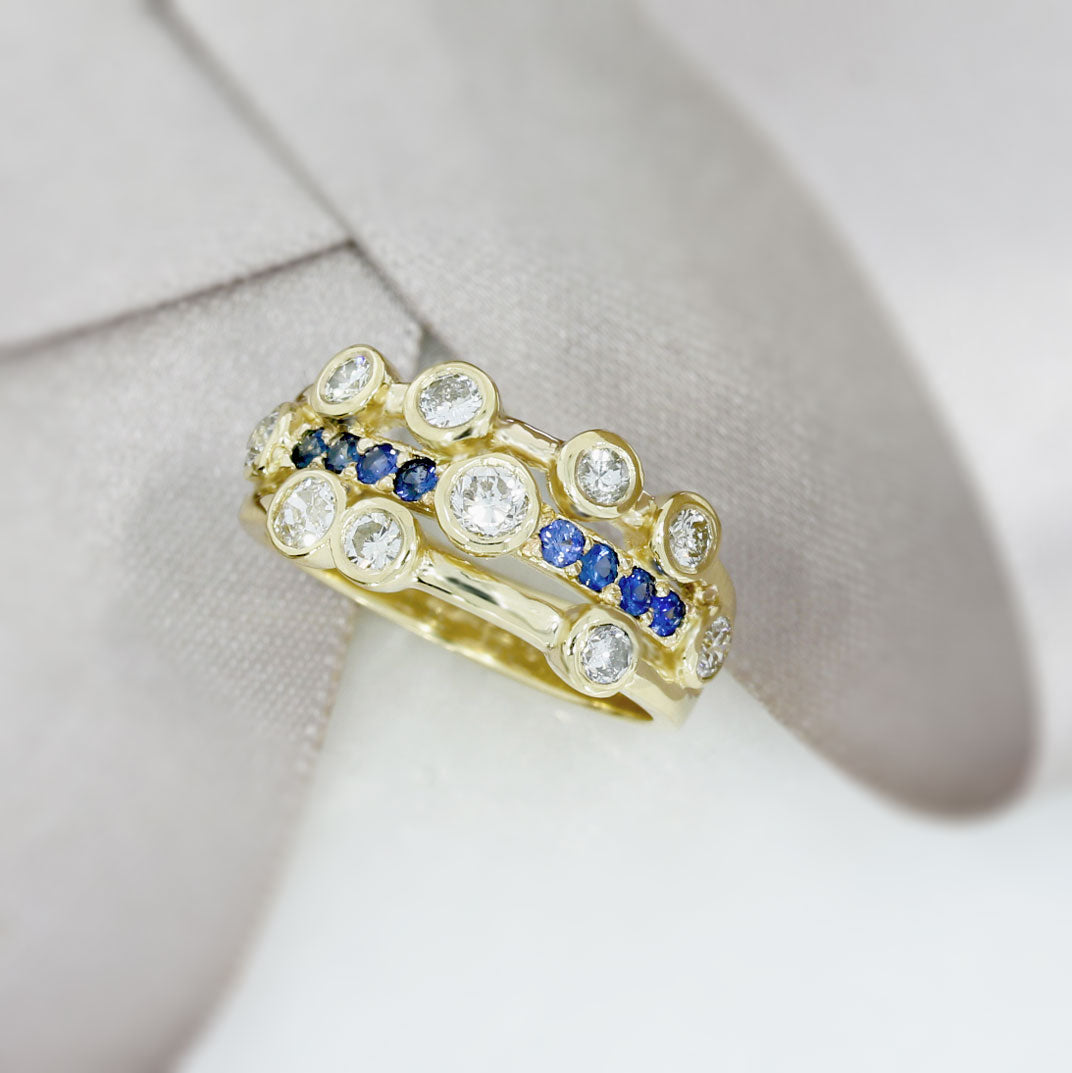 9ct Yellow Gold 3 Row Sapphire & Diamond Bubble Ring