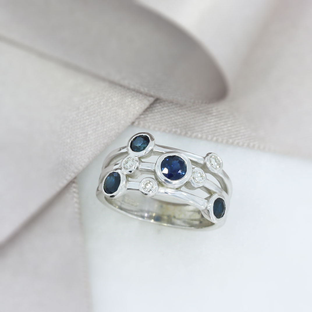 9ct White Gold 3 Row Sapphire Diamond Bubble Ring