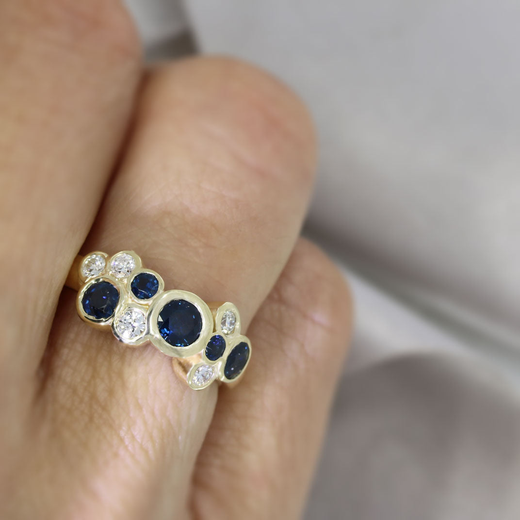 9ct Yellow Gold Sapphire & Diamond Bubble Cluster Ring