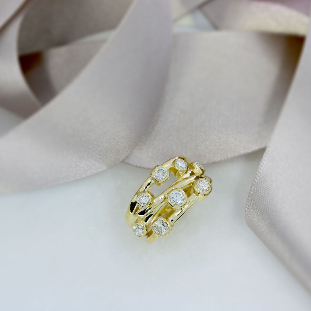 9ct Yellow Gold 3 Row Crossover Diamond Bubble Ring 1.25ct