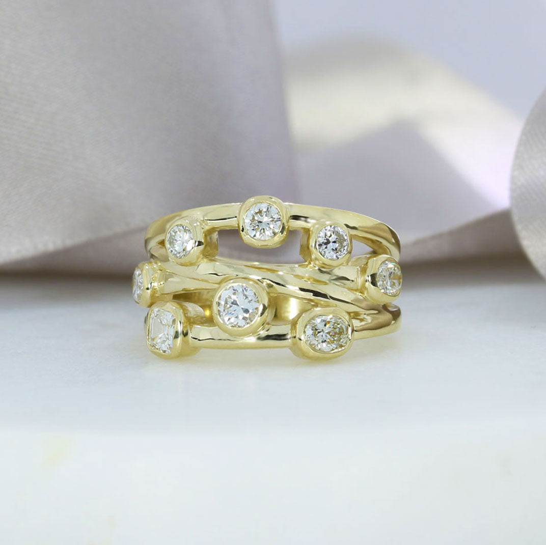 9ct Yellow Gold 3 Row Crossover Diamond Bubble Ring 1.25ct