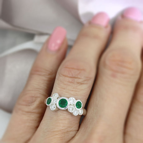 9ct White Gold Emerald & Diamond Bubble Cluster Ring