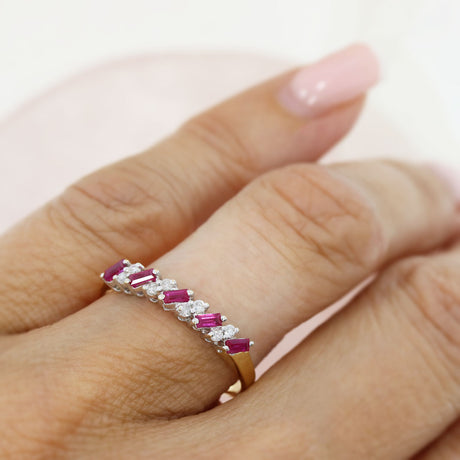 Pre Owned 18ct Yellow Gold Oblong Ruby & Round Diamond Eternity Ring