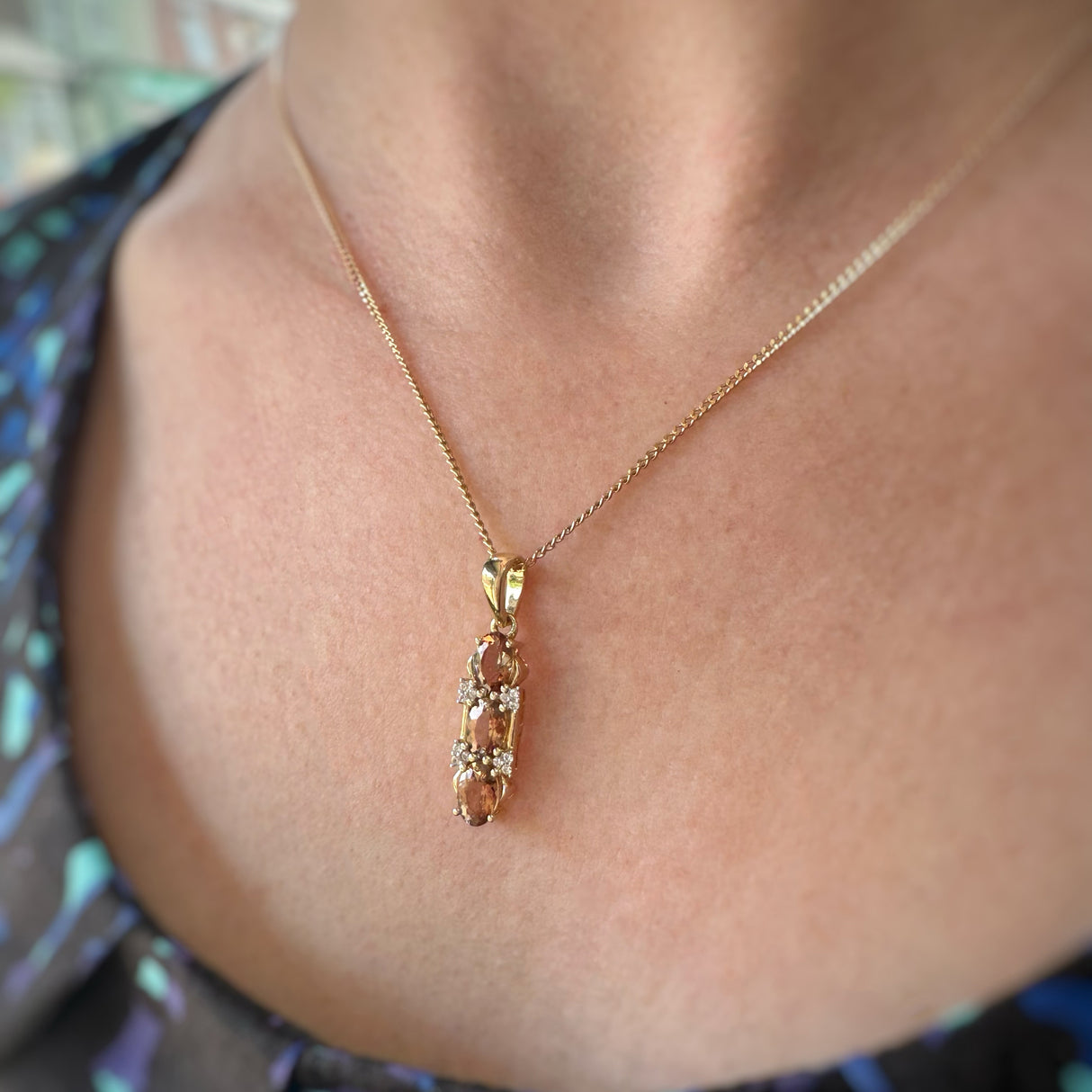 9ct Yellow Gold Oval Morganite & Diamond Drop Pendant