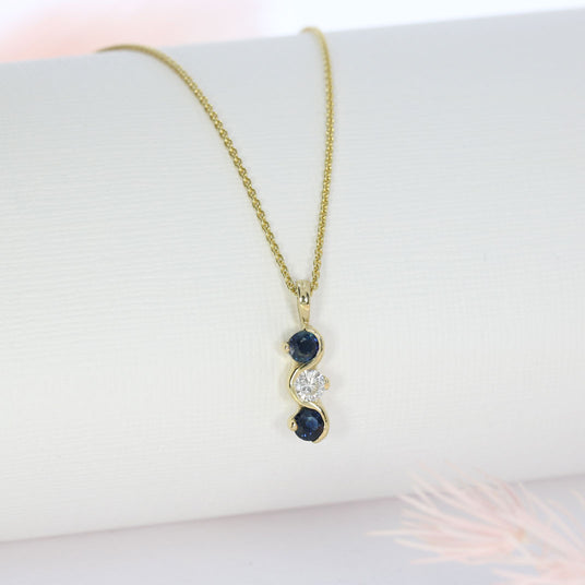 9ct Yellow Gold 3 Stone Sapphire Diamond Wave Pendant & Chain