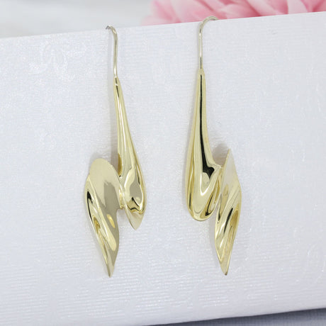 Pre Owned 9ct Gold Long Ribbon Twist Drop Earrings