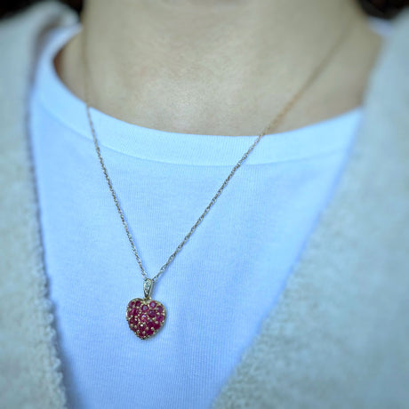 Pre Owned 9ct Gold Ruby Heart Pendant with Diamond Set Bale & Chain