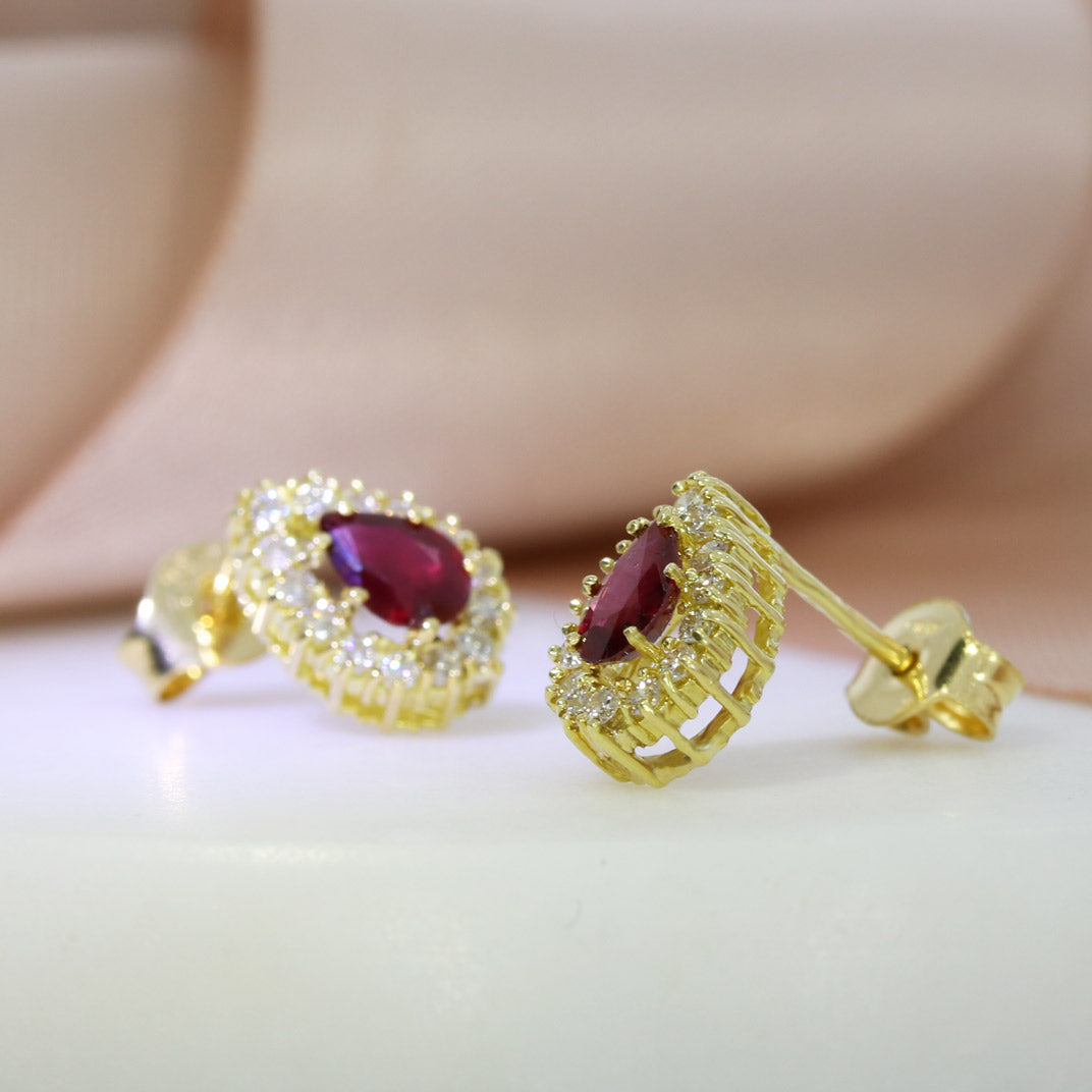 Pre Owned 18ct Yellow Gold Ruby & Diamond Cluster Stud Earrings