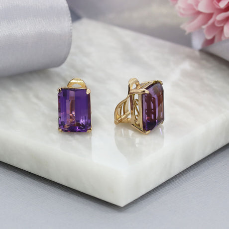 Pre Owned 14ct Gold Large Claw Set Oblong Amethyst Clip On Earrings