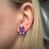 Pre Owned 14ct Gold Large Claw Set Oblong Amethyst Clip On Earrings