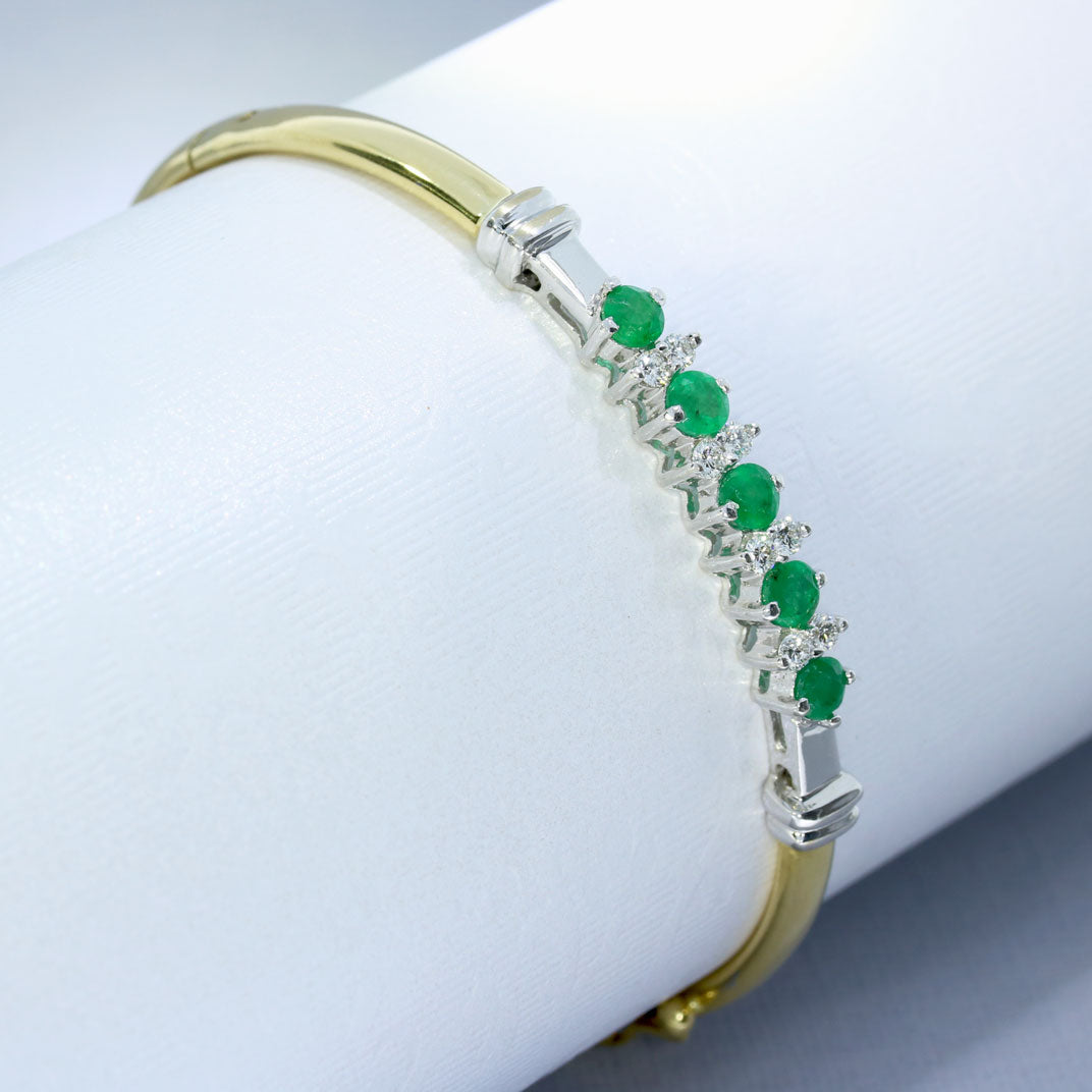 Pre Owned 18ct Gold Emerald & Diamond Hinged Bangle