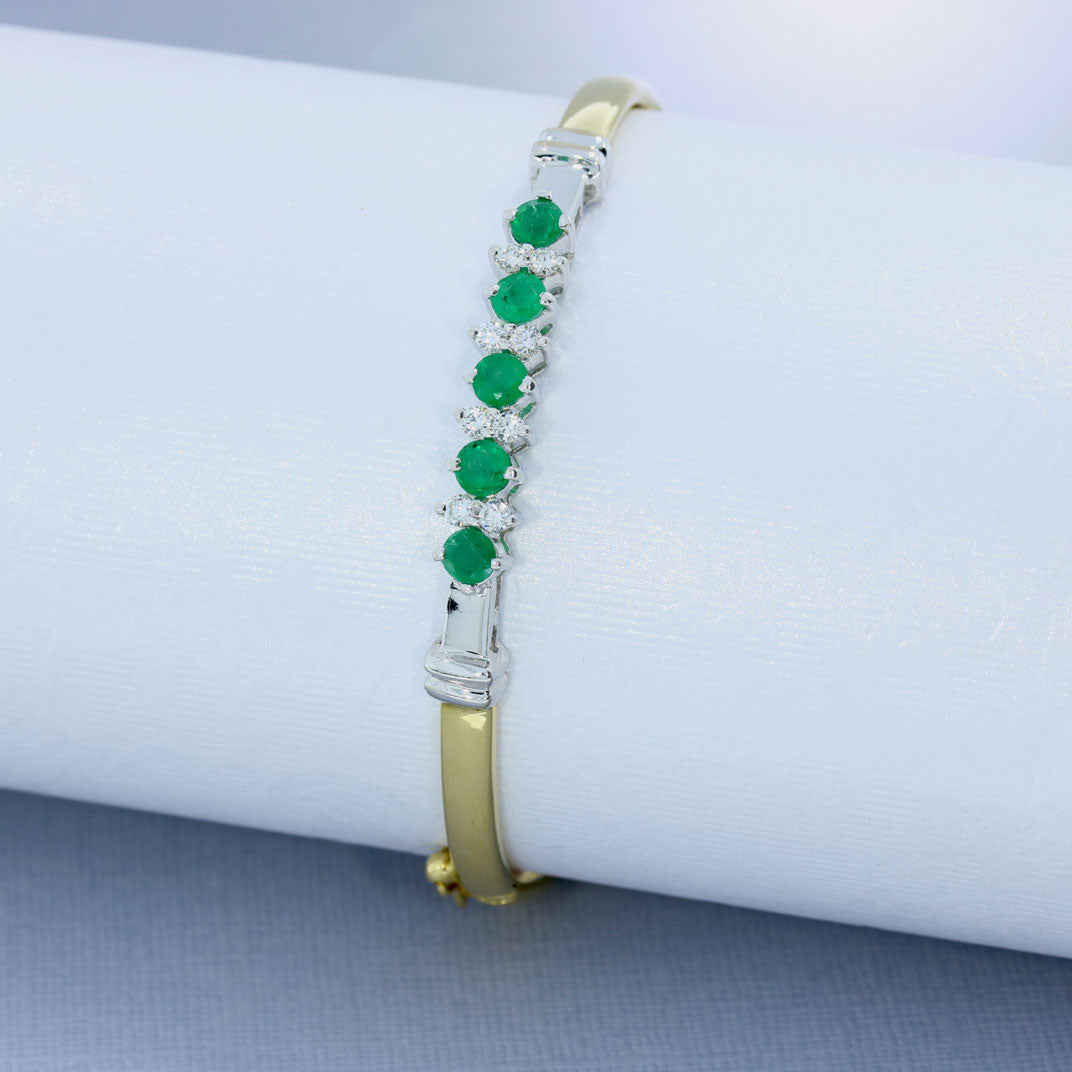 Pre Owned 18ct Gold Emerald & Diamond Hinged Bangle