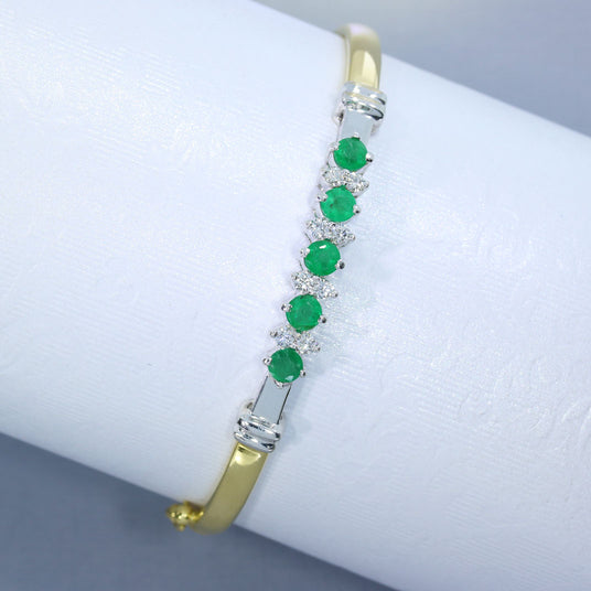 Pre Owned 18ct Gold Emerald & Diamond Hinged Bangle