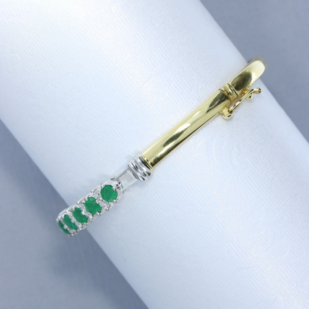 Pre Owned 18ct Gold Emerald & Diamond Hinged Bangle