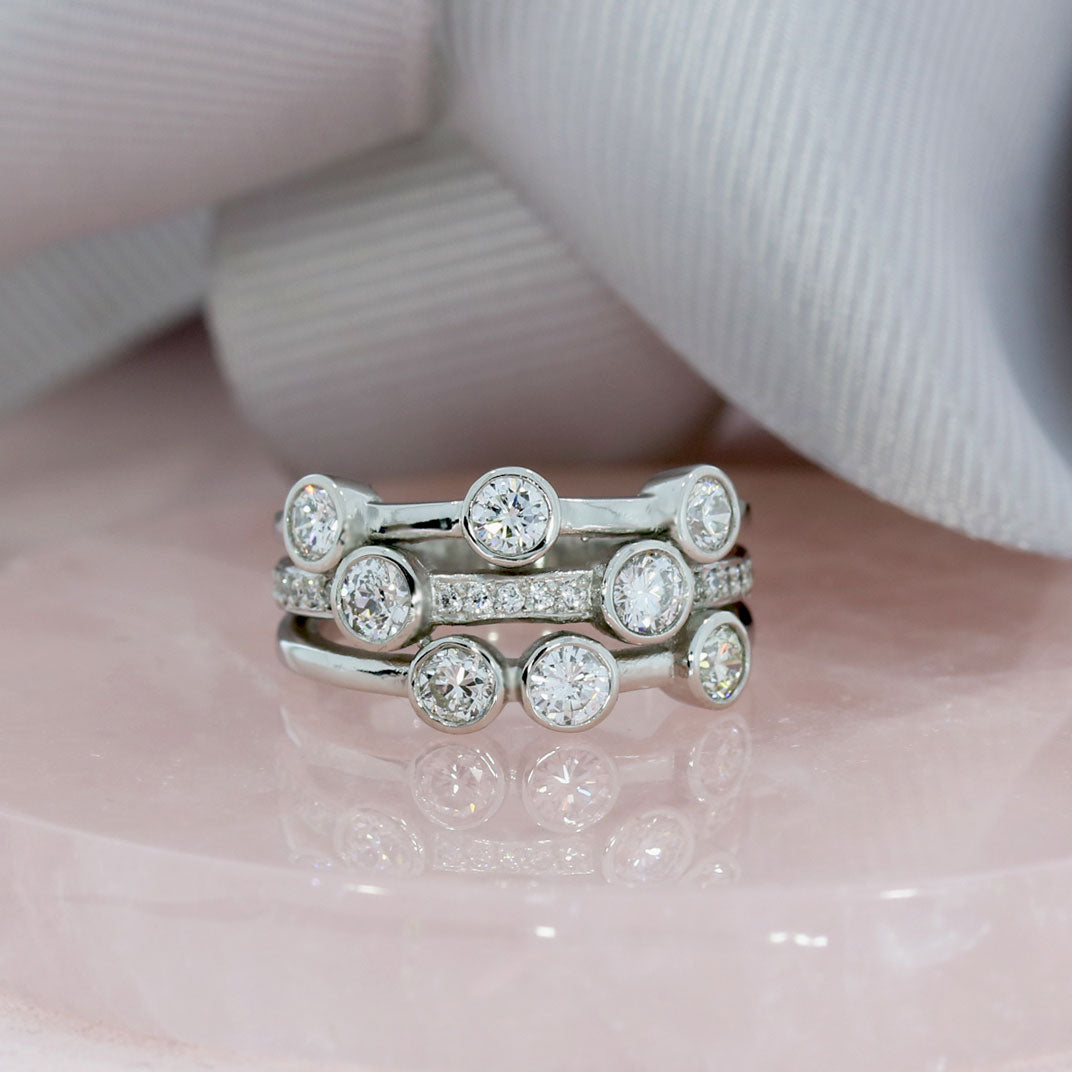 Platinum 3 Row Diamond Bubble Ring with Pave Set Middle Row 1.46ct