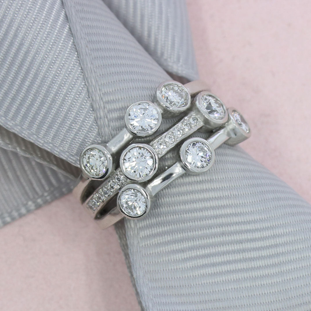 Platinum 3 Row Diamond Bubble Ring with Pave Set Middle Row 1.46ct