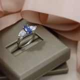 Platinum Natural Sapphire 1.48ct & Pear Shape Lab Grown Diamond 1.30ct 3 Stone Ring