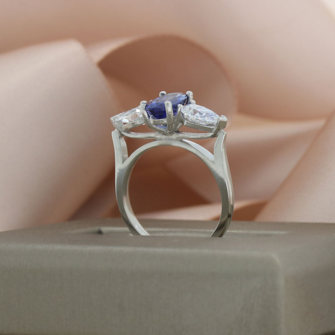 Platinum Natural Sapphire 1.48ct & Pear Shape Lab Grown Diamond 1.30ct 3 Stone Ring