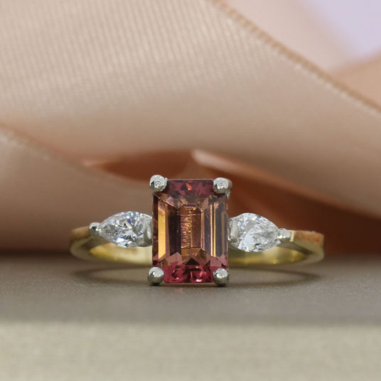 9ct Yellow Gold & Platinum Tourmaline & Lab Grown Diamond 3 Stone Ring