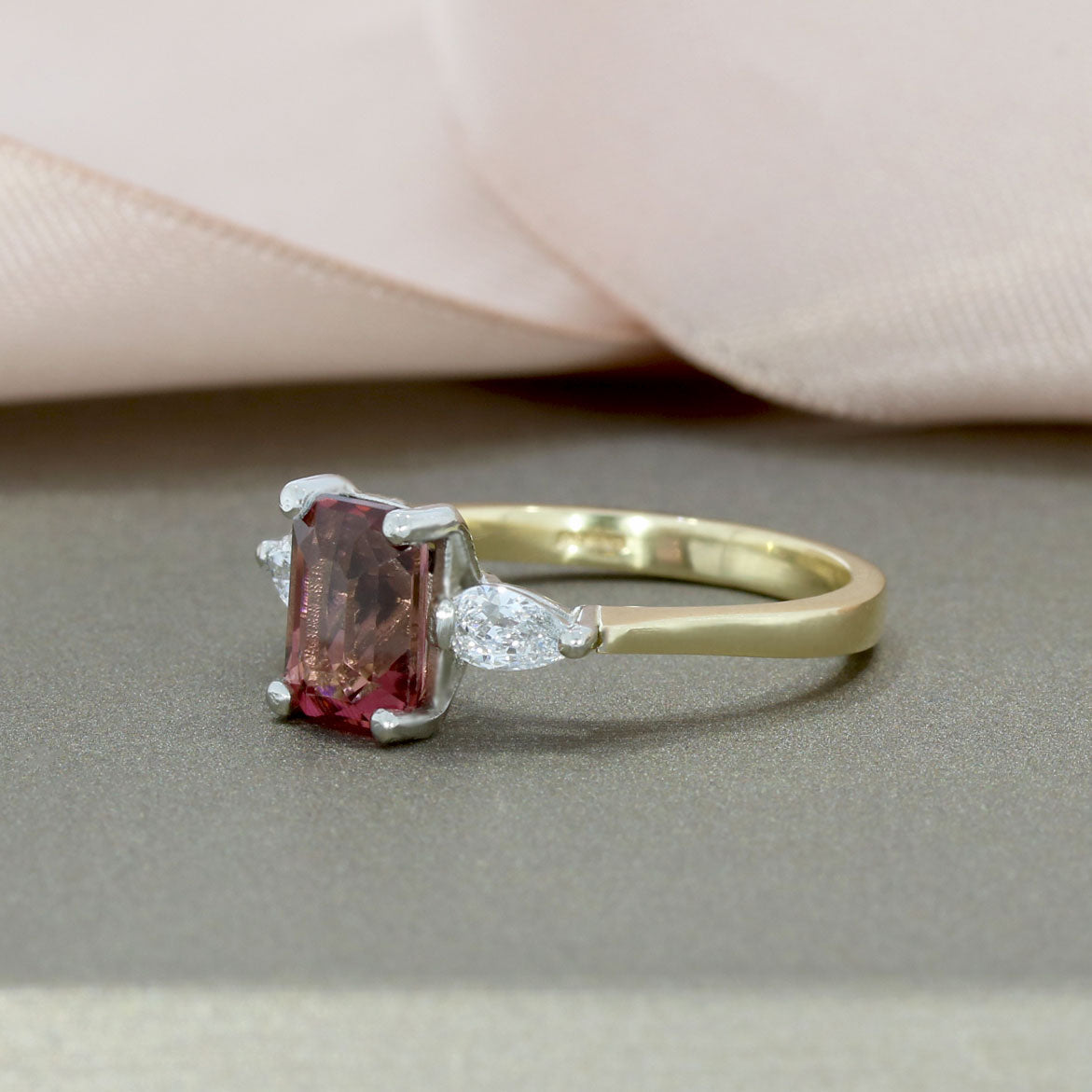 9ct Yellow Gold & Platinum Tourmaline & Lab Grown Diamond 3 Stone Ring