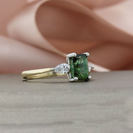 9ct Yellow Gold & Platinum 1.96ct Natural Tourmaline & Lab Grown Diamond 3 Stone Ring