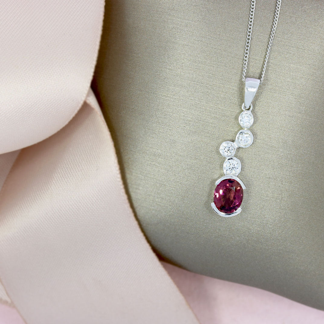 9ct White Gold Pink Tourmaline & Lab Grown Diamond Bubble Pendant