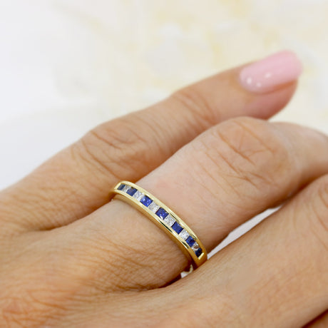 Pre Owned 18ct Yellow Gold Channel Set Square Sapphire & Diamond Eternity Ring