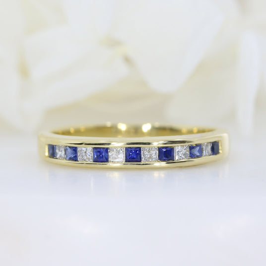Pre Owned 18ct Yellow Gold Channel Set Square Sapphire & Diamond Eternity Ring