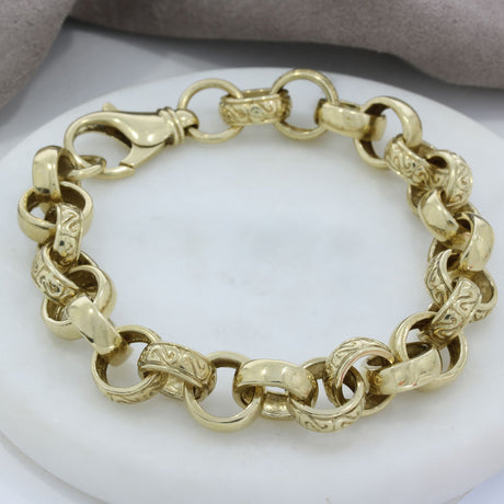 Pre Owned 9ct Yellow Gold Plain & Patterned Round Link Chunky Bracelet 9 1/2"