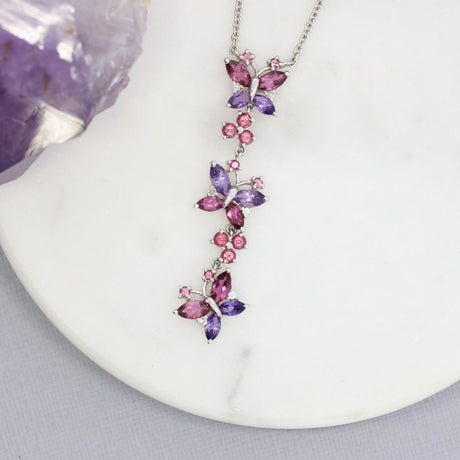 Pre Owned 9ct Gold Tourmaline, Amethyst & Diamond Butterfly Long Drop Necklace