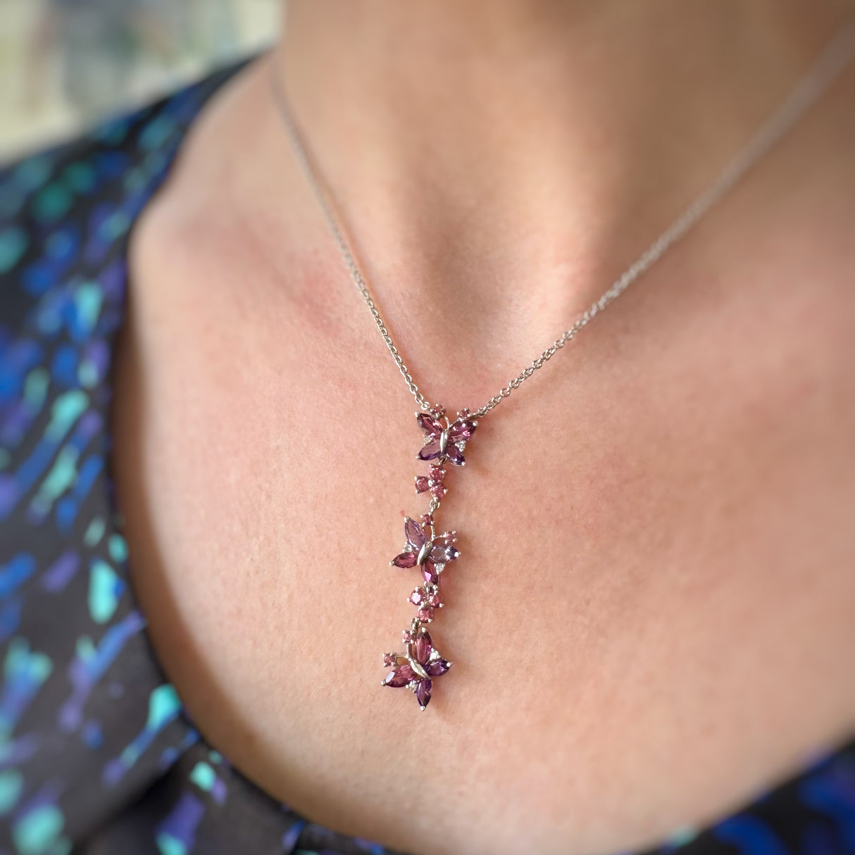 Pre Owned 9ct Gold Tourmaline, Amethyst & Diamond Butterfly Long Drop Necklace