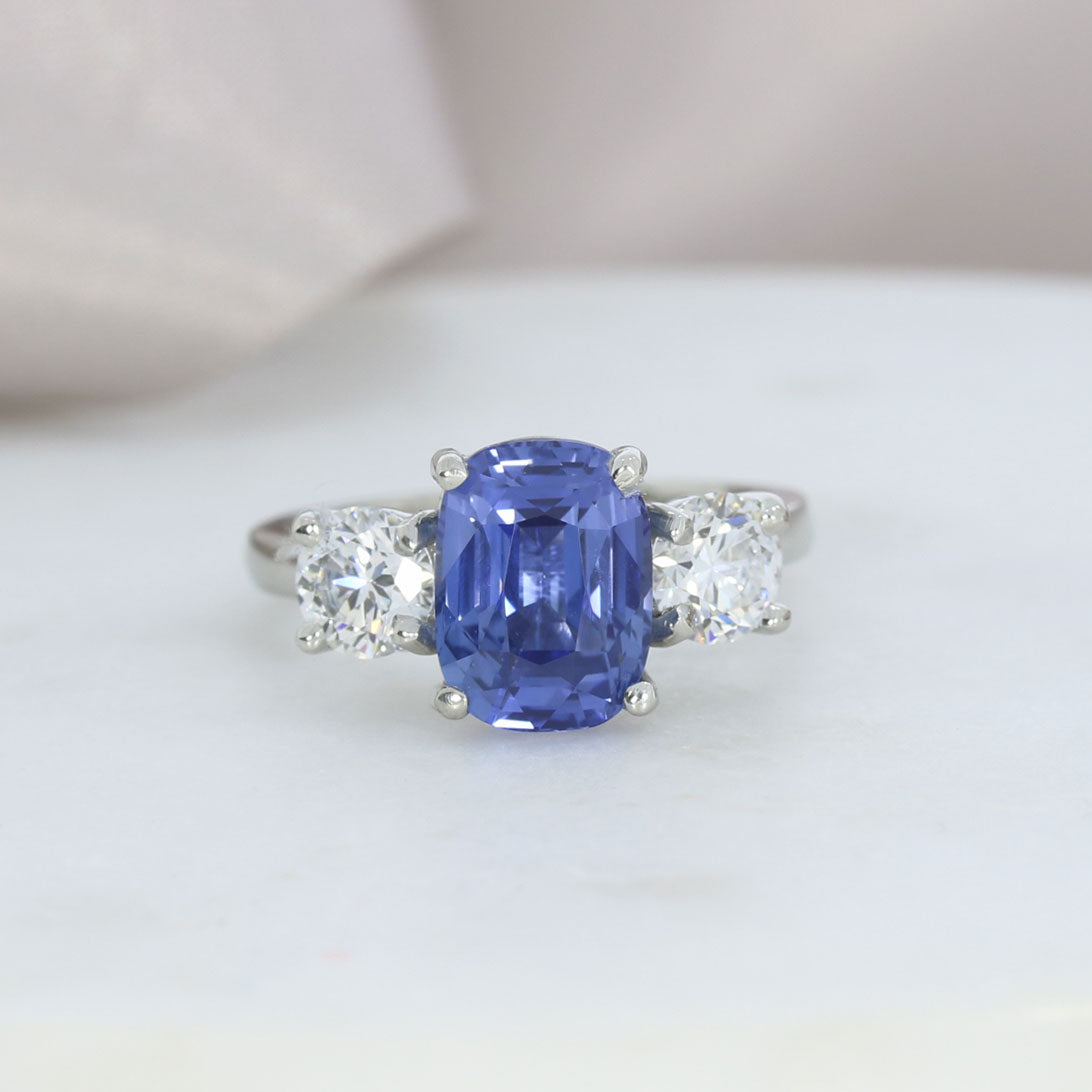 Platinum Claw Set 4.02ct Cushion Shape Sapphire & GIA Certified Round Natural Diamonds 1.00ct D VS 1