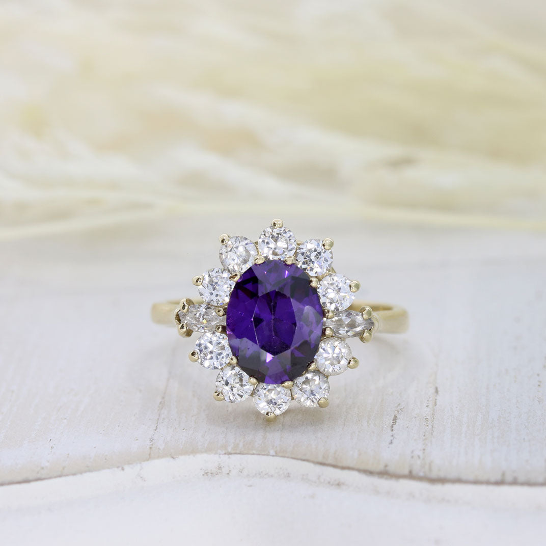 Pre Owned 9ct Yellow Gold Synthetic Purple Stone & CZ Cluster Ring