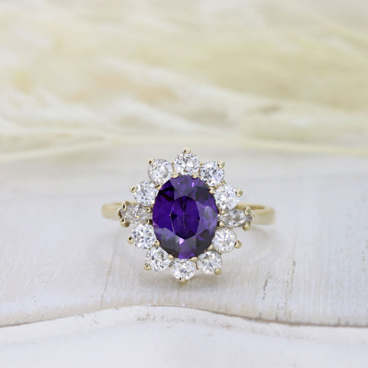 Pre Owned 9ct Yellow Gold Synthetic Purple Stone & CZ Cluster Ring