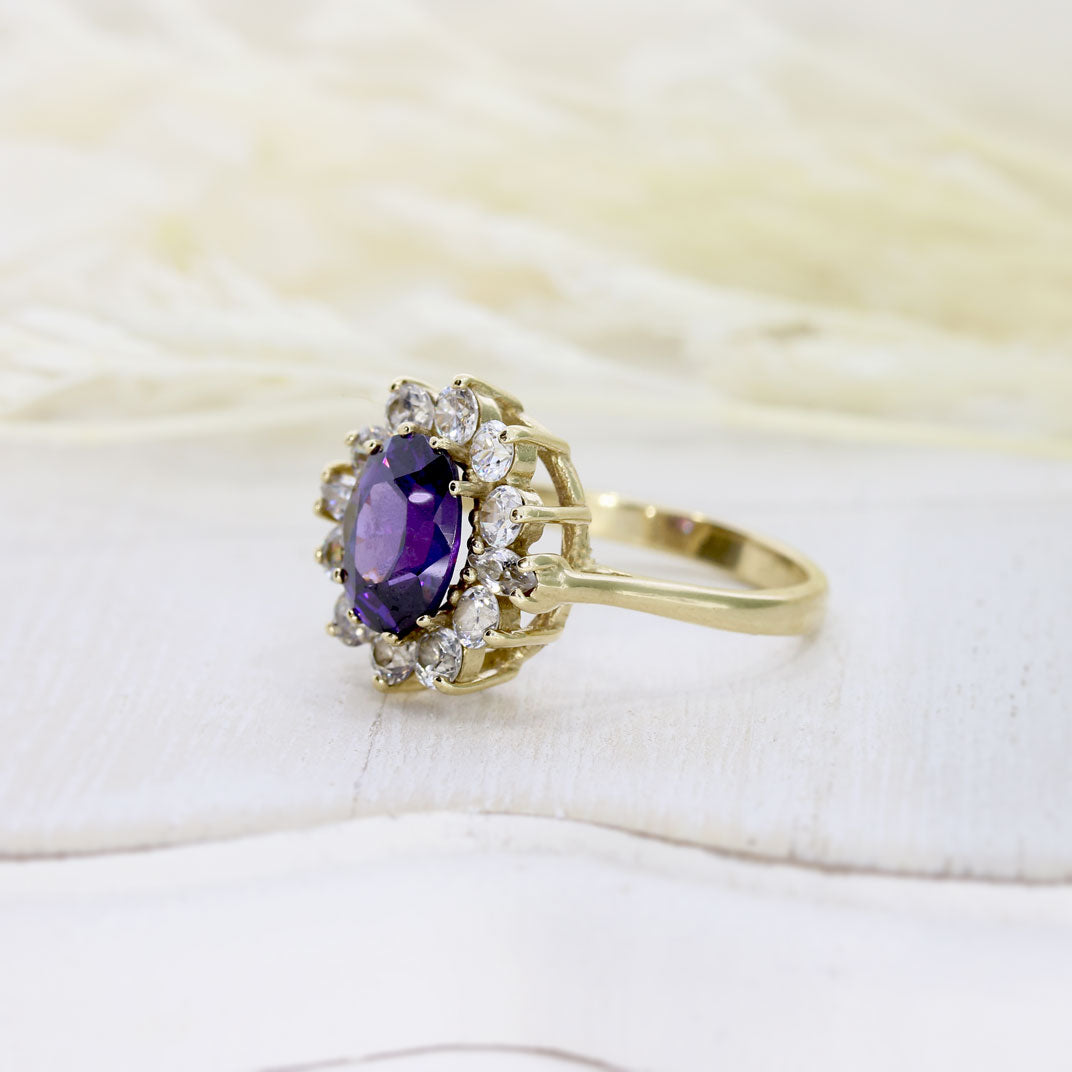 Pre Owned 9ct Yellow Gold Synthetic Purple Stone & CZ Cluster Ring