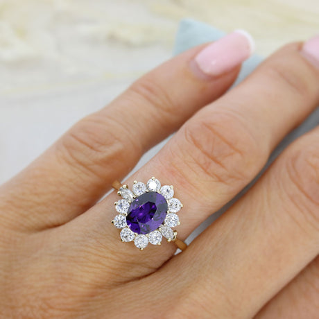 Pre Owned 9ct Yellow Gold Synthetic Purple Stone & CZ Cluster Ring