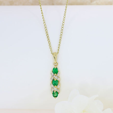 Pre-Owned 9ct Yellow Gold Emerald & Diamond Drop Bar Pendant & 20" Chain
