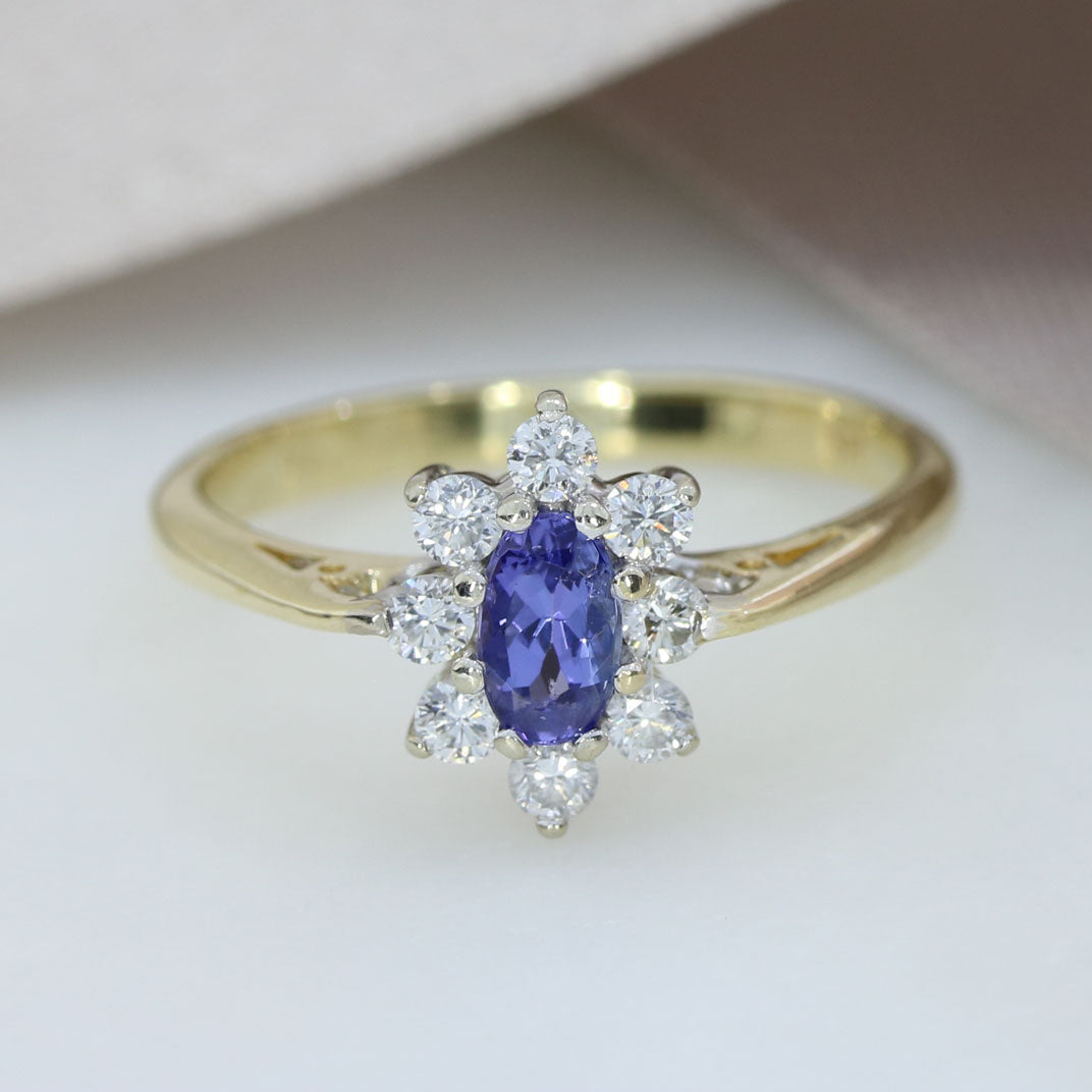 Pre Owned 9ct Yellow Gold Oval Tanzanite & Diamond Cluster Ring