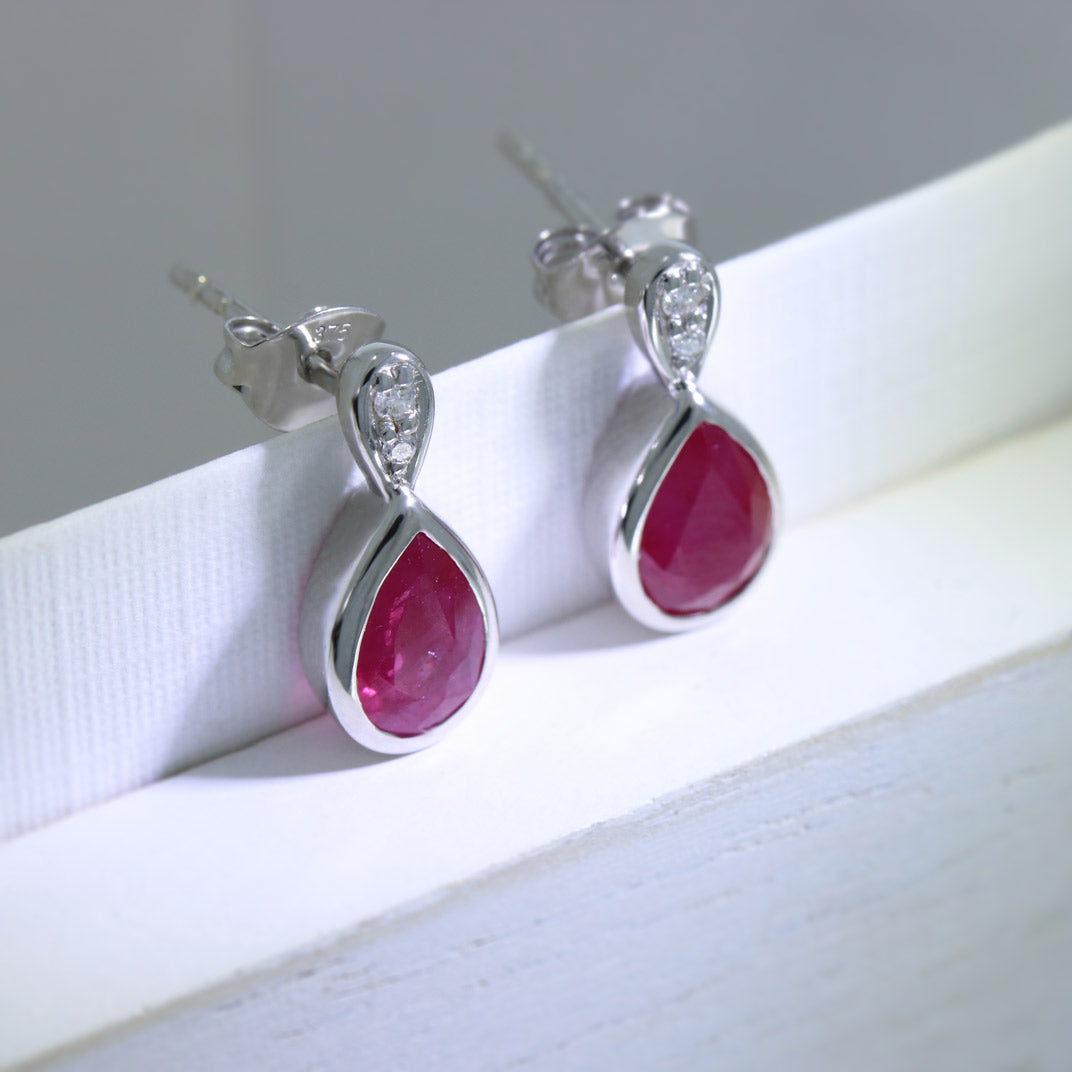 9ct White Gold Pear Shape Ruby & Diamond Stud Earrings