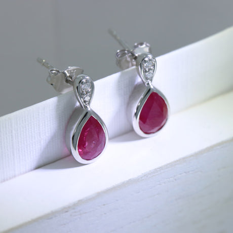 9ct White Gold Pear Shape Ruby & Diamond Stud Earrings