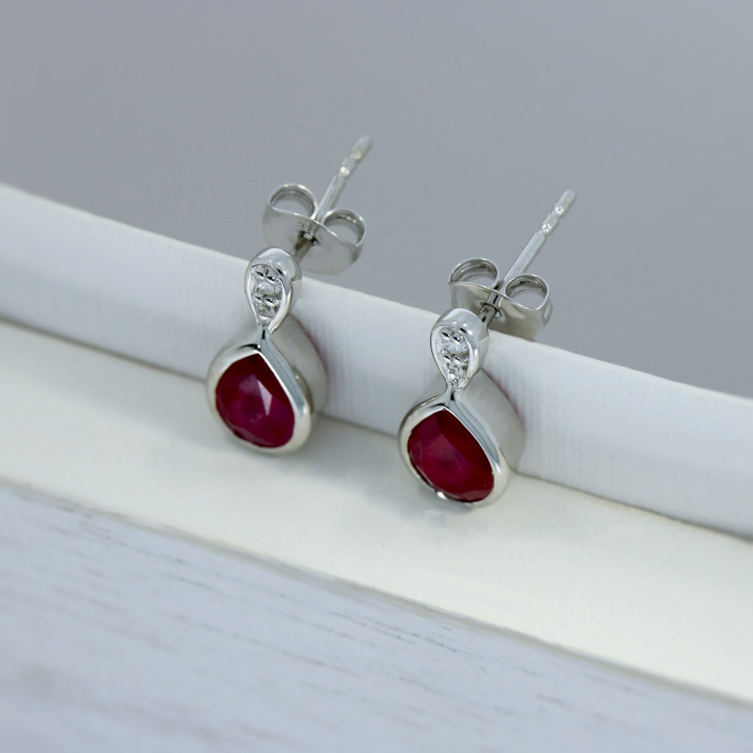 9ct White Gold Pear Shape Ruby & Diamond Stud Earrings