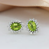9ct White Gold Peridot 7 Diamond Cluster Earrings