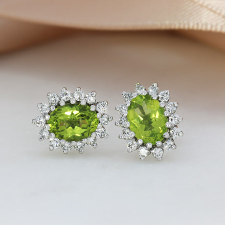 9ct White Gold Peridot 7 Diamond Cluster Earrings
