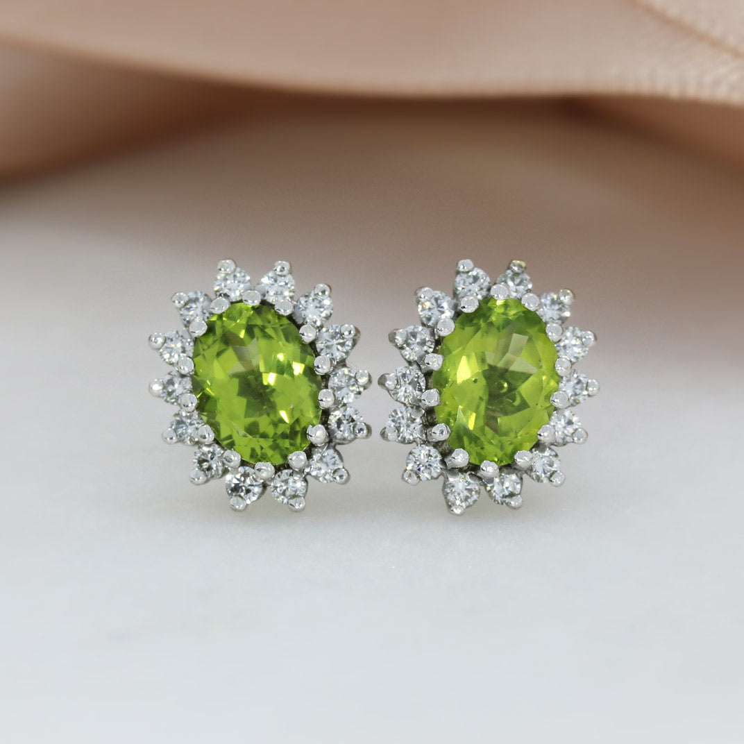 9ct White Gold Peridot 7 Diamond Cluster Earrings