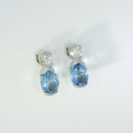 9ct White Gold Trap Set Oval Aquamarine & Round Diamond Stud Earrings