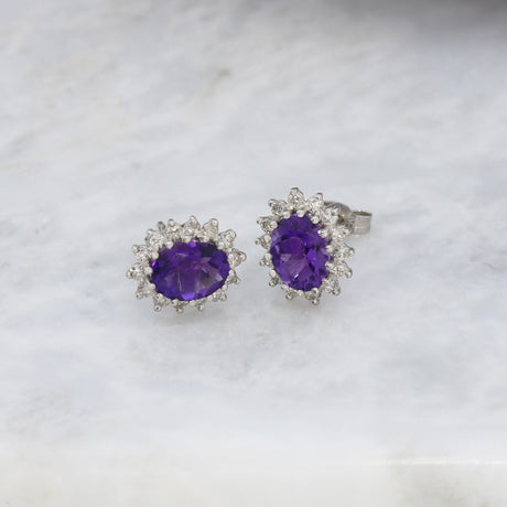 18ct White Gold Amethyst and Diamond Cluster Earrings 0.40ct