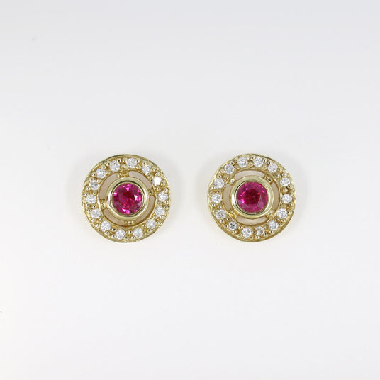 9ct Yellow Gold Ruby Stud Earrings with a Diamond Halo Surround