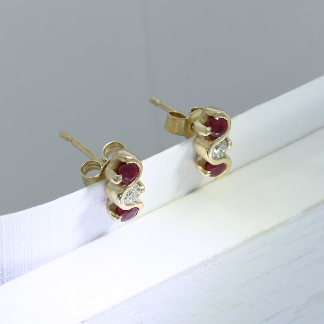 9ct Gold Ruby & Diamond 3 Stone Stud Earrings