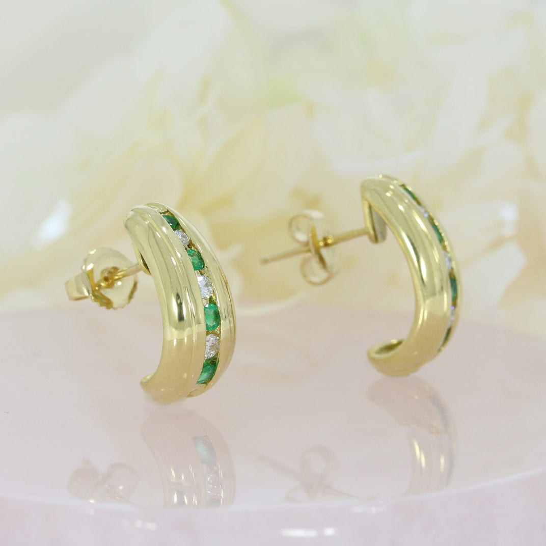 18ct Yellow Gold Stud Earrings With Emeralds & Diamonds