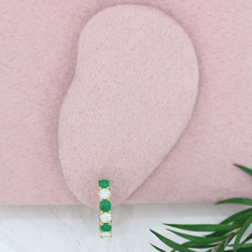 9ct Yellow Gold Emerald & Diamond Claw Set Hoop Earrings
